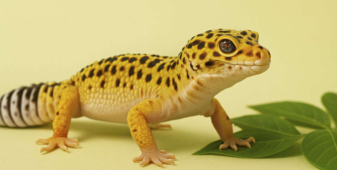 A large leopard gecko standing on a leaf on a yellow background